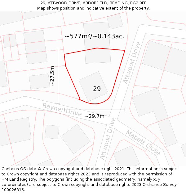 29, ATTWOOD DRIVE, ARBORFIELD, READING, RG2 9FE: Plot and title map