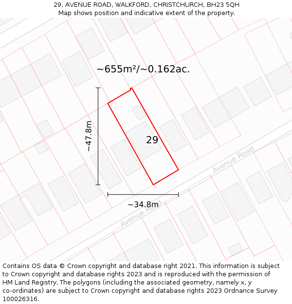 29, AVENUE ROAD, WALKFORD, CHRISTCHURCH, BH23 5QH: Plot and title map