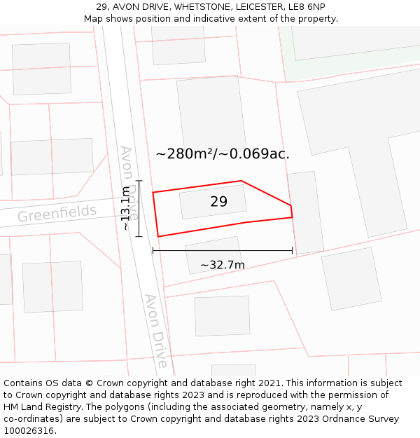 29, AVON DRIVE, WHETSTONE, LEICESTER, LE8 6NP: Plot and title map