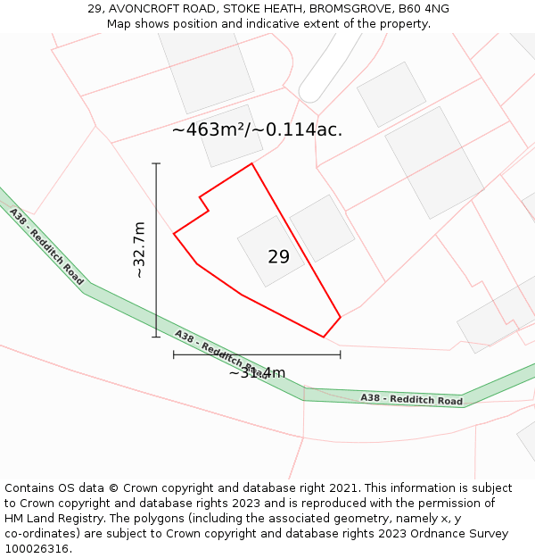 29, AVONCROFT ROAD, STOKE HEATH, BROMSGROVE, B60 4NG: Plot and title map