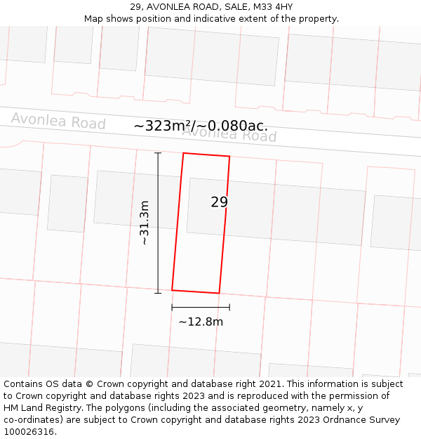 29, AVONLEA ROAD, SALE, M33 4HY: Plot and title map