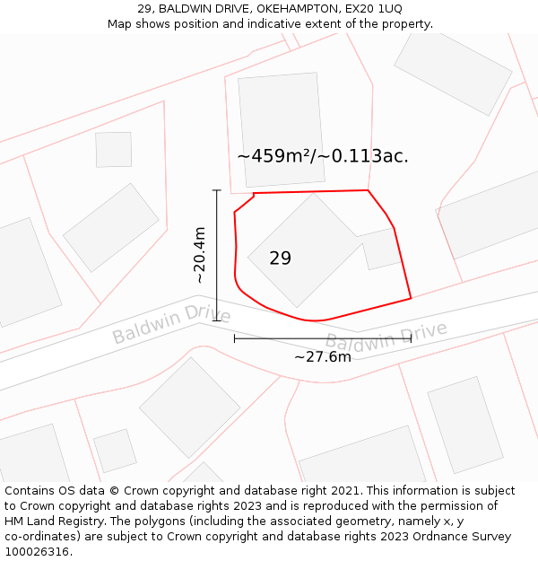 29, BALDWIN DRIVE, OKEHAMPTON, EX20 1UQ: Plot and title map