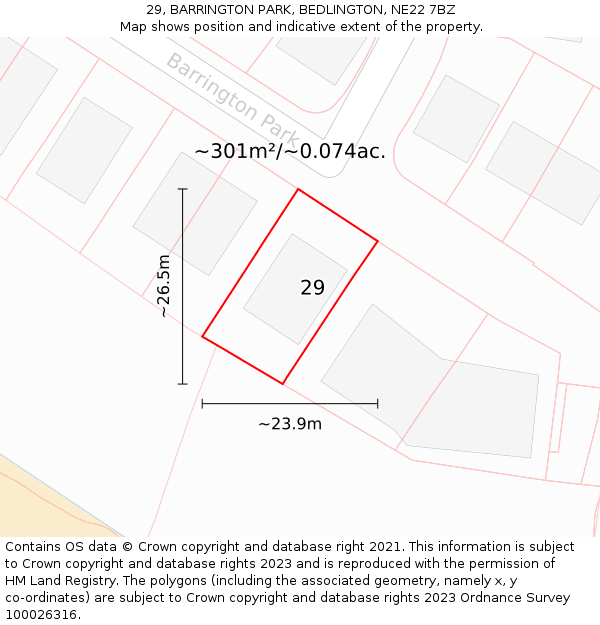 29, BARRINGTON PARK, BEDLINGTON, NE22 7BZ: Plot and title map