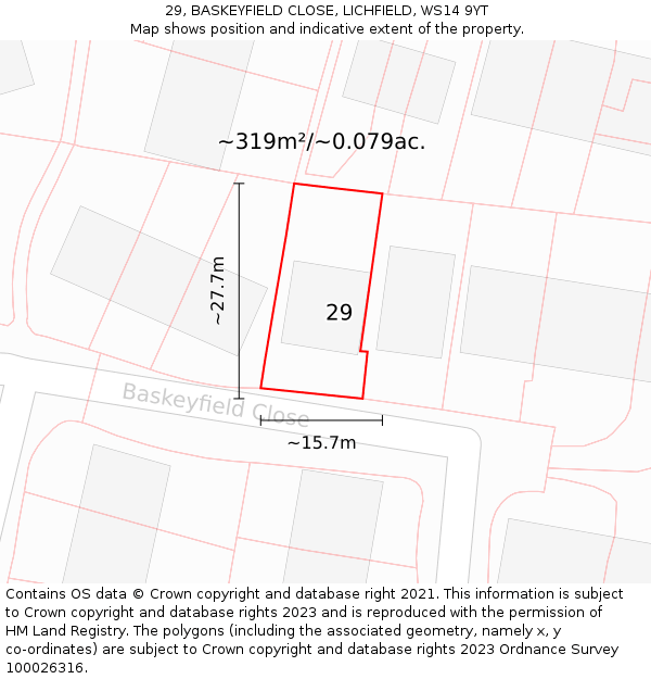 29, BASKEYFIELD CLOSE, LICHFIELD, WS14 9YT: Plot and title map