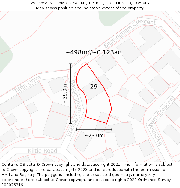29, BASSINGHAM CRESCENT, TIPTREE, COLCHESTER, CO5 0PY: Plot and title map