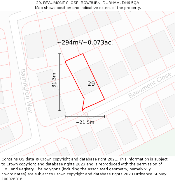 29, BEAUMONT CLOSE, BOWBURN, DURHAM, DH6 5QA: Plot and title map
