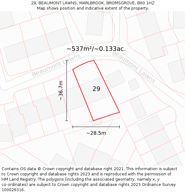 29, BEAUMONT LAWNS, MARLBROOK, BROMSGROVE, B60 1HZ: Plot and title map