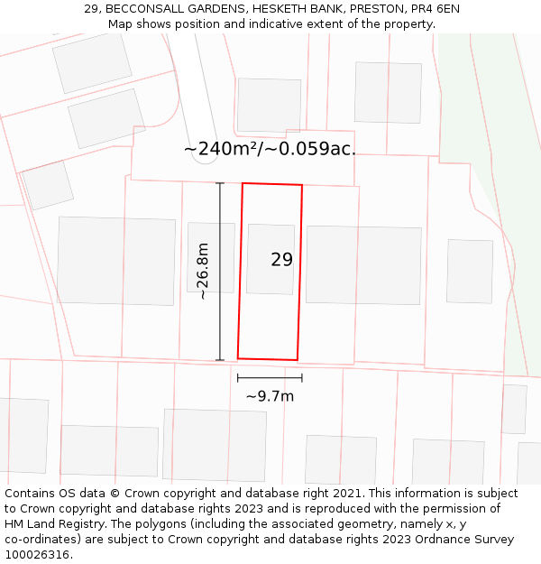 29, BECCONSALL GARDENS, HESKETH BANK, PRESTON, PR4 6EN: Plot and title map