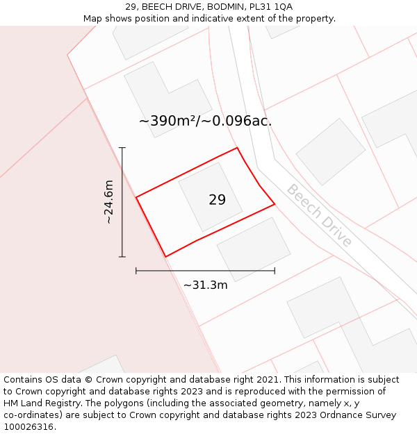 29, BEECH DRIVE, BODMIN, PL31 1QA: Plot and title map