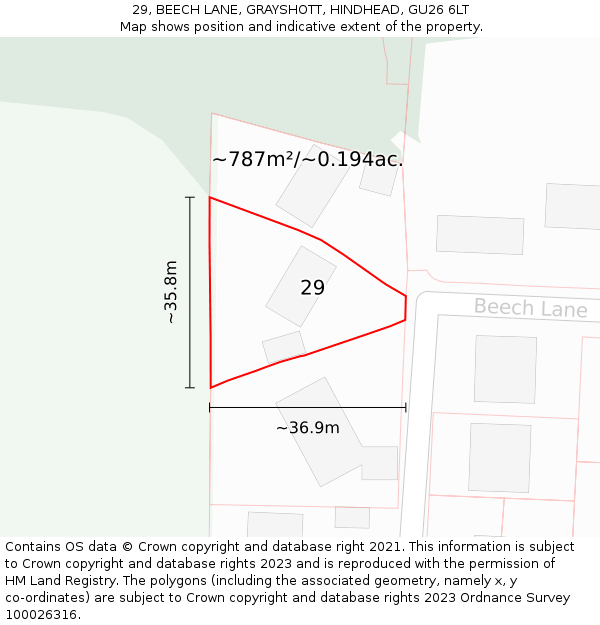 29, BEECH LANE, GRAYSHOTT, HINDHEAD, GU26 6LT: Plot and title map