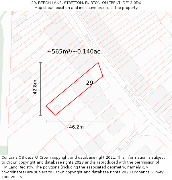 29, BEECH LANE, STRETTON, BURTON-ON-TRENT, DE13 0DX: Plot and title map