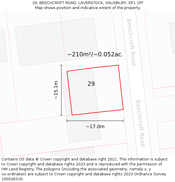 29, BEECHCROFT ROAD, LAVERSTOCK, SALISBURY, SP1 1PF: Plot and title map