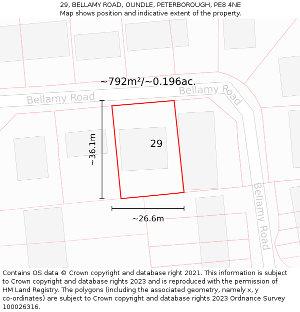 29, BELLAMY ROAD, OUNDLE, PETERBOROUGH, PE8 4NE: Plot and title map