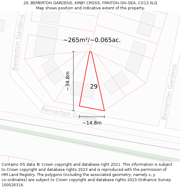 29, BEMERTON GARDENS, KIRBY CROSS, FRINTON-ON-SEA, CO13 0LQ: Plot and title map