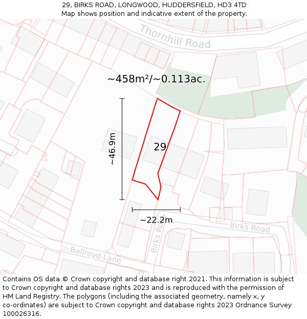 29, BIRKS ROAD, LONGWOOD, HUDDERSFIELD, HD3 4TD: Plot and title map