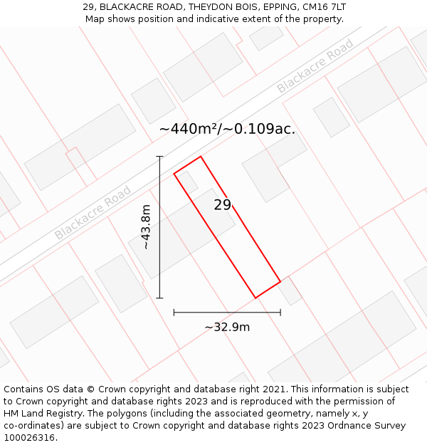 29, BLACKACRE ROAD, THEYDON BOIS, EPPING, CM16 7LT: Plot and title map