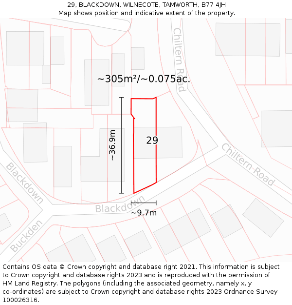 29, BLACKDOWN, WILNECOTE, TAMWORTH, B77 4JH: Plot and title map