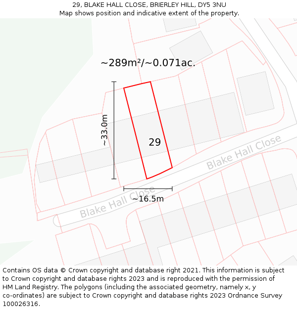29, BLAKE HALL CLOSE, BRIERLEY HILL, DY5 3NU: Plot and title map