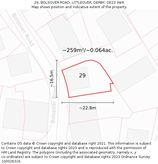 29, BOLSOVER ROAD, LITTLEOVER, DERBY, DE23 3WA: Plot and title map