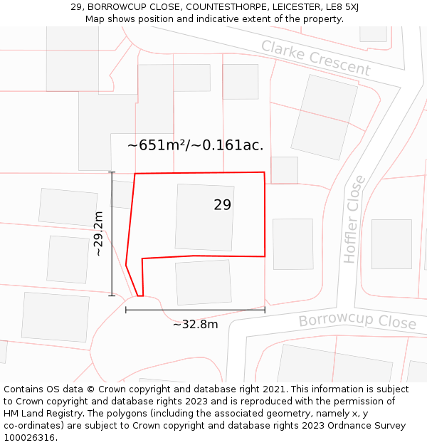 29, BORROWCUP CLOSE, COUNTESTHORPE, LEICESTER, LE8 5XJ: Plot and title map