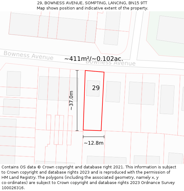 29, BOWNESS AVENUE, SOMPTING, LANCING, BN15 9TT: Plot and title map