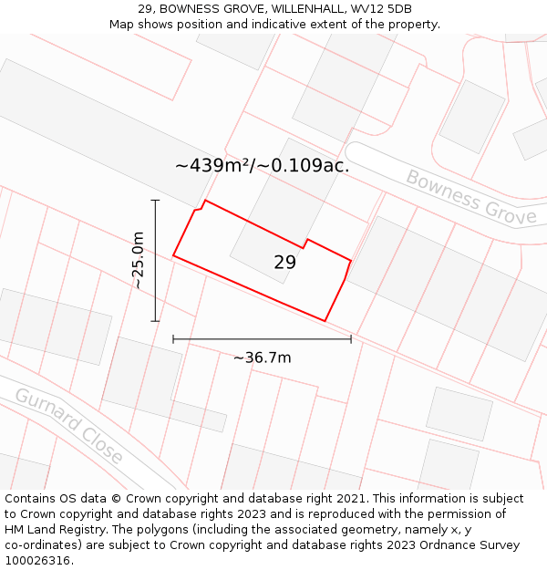 29, BOWNESS GROVE, WILLENHALL, WV12 5DB: Plot and title map