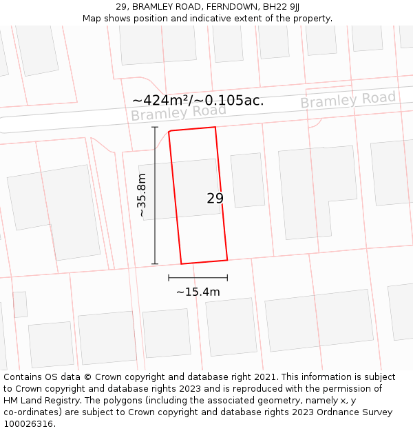 29, BRAMLEY ROAD, FERNDOWN, BH22 9JJ: Plot and title map