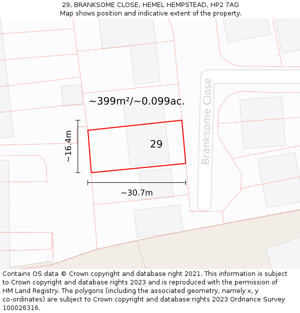 29, BRANKSOME CLOSE, HEMEL HEMPSTEAD, HP2 7AG: Plot and title map