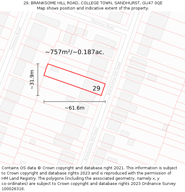 29, BRANKSOME HILL ROAD, COLLEGE TOWN, SANDHURST, GU47 0QE: Plot and title map