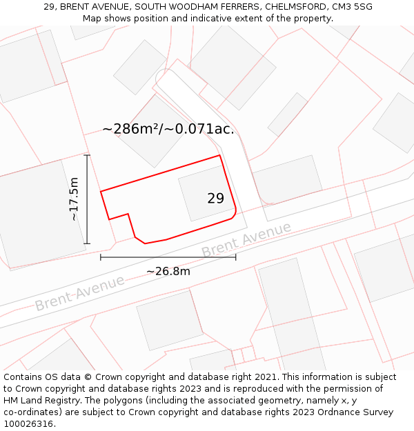 29, BRENT AVENUE, SOUTH WOODHAM FERRERS, CHELMSFORD, CM3 5SG: Plot and title map