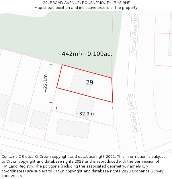 29, BROAD AVENUE, BOURNEMOUTH, BH8 9HF: Plot and title map