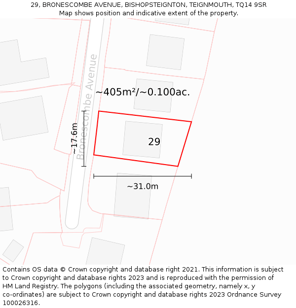 29, BRONESCOMBE AVENUE, BISHOPSTEIGNTON, TEIGNMOUTH, TQ14 9SR: Plot and title map