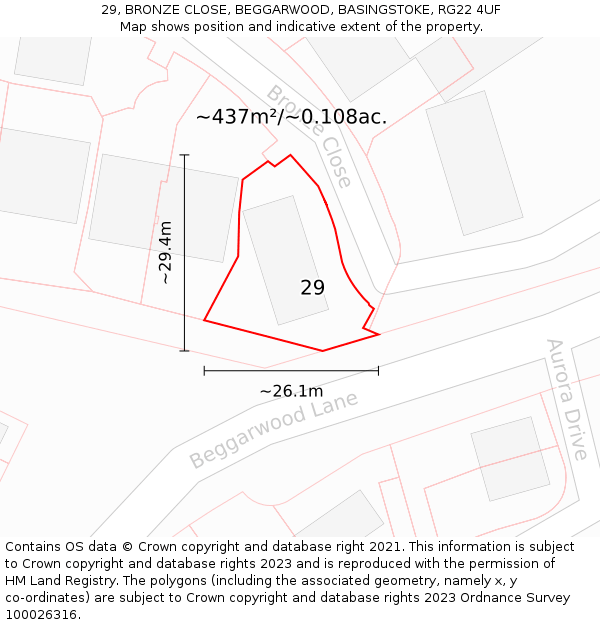 29, BRONZE CLOSE, BEGGARWOOD, BASINGSTOKE, RG22 4UF: Plot and title map