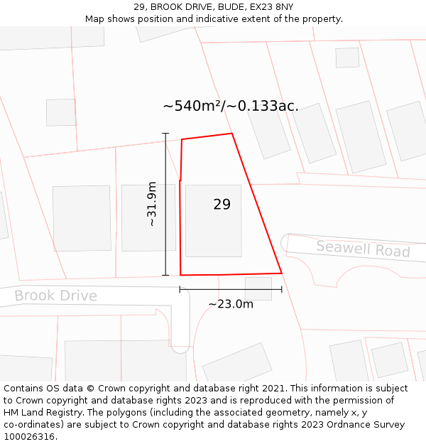 29, BROOK DRIVE, BUDE, EX23 8NY: Plot and title map