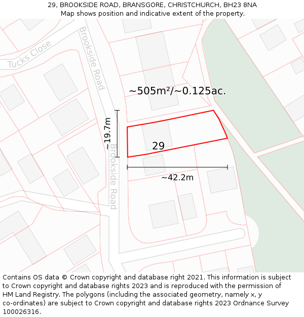 29, BROOKSIDE ROAD, BRANSGORE, CHRISTCHURCH, BH23 8NA: Plot and title map