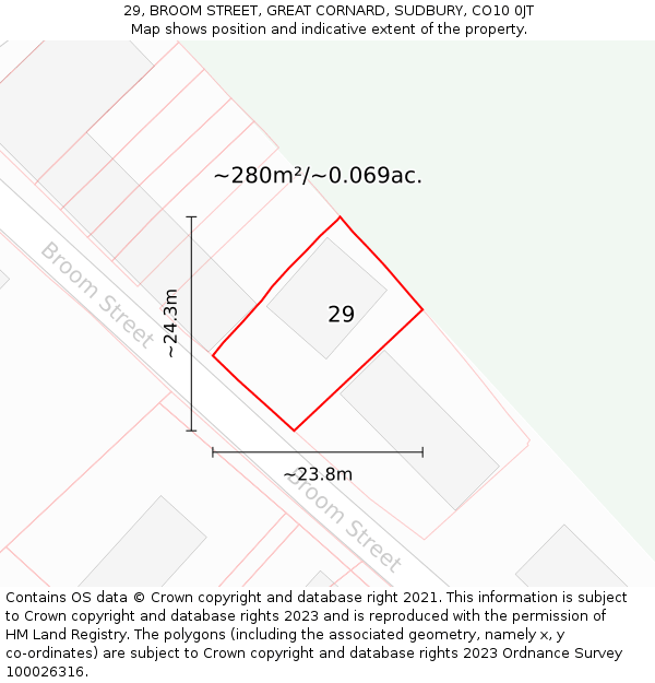 29, BROOM STREET, GREAT CORNARD, SUDBURY, CO10 0JT: Plot and title map