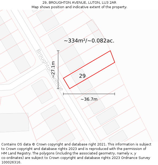 29, BROUGHTON AVENUE, LUTON, LU3 2AR: Plot and title map