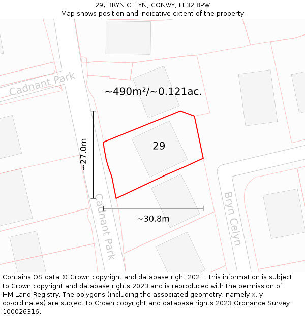 29, BRYN CELYN, CONWY, LL32 8PW: Plot and title map