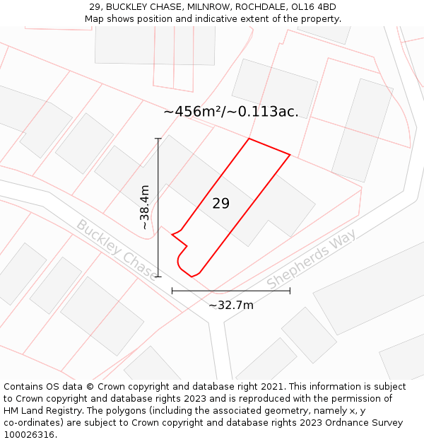 29, BUCKLEY CHASE, MILNROW, ROCHDALE, OL16 4BD: Plot and title map