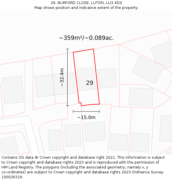 29, BURFORD CLOSE, LUTON, LU3 4DS: Plot and title map
