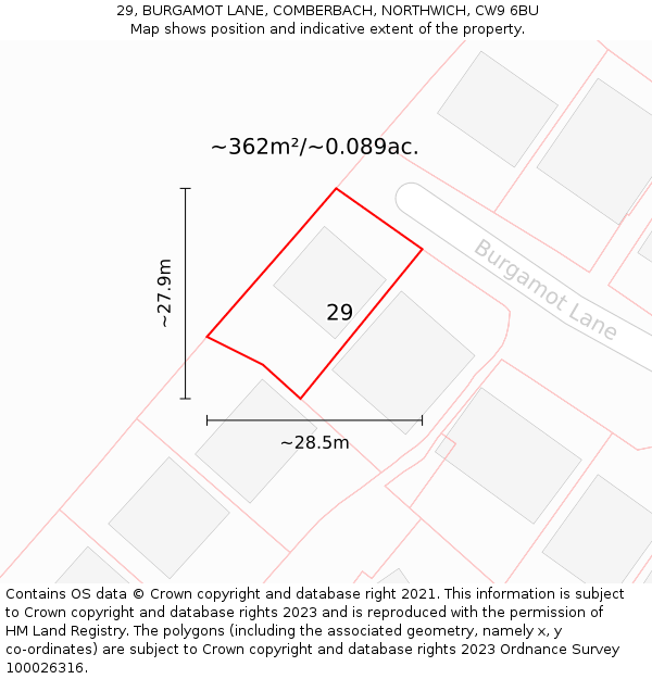 29, BURGAMOT LANE, COMBERBACH, NORTHWICH, CW9 6BU: Plot and title map