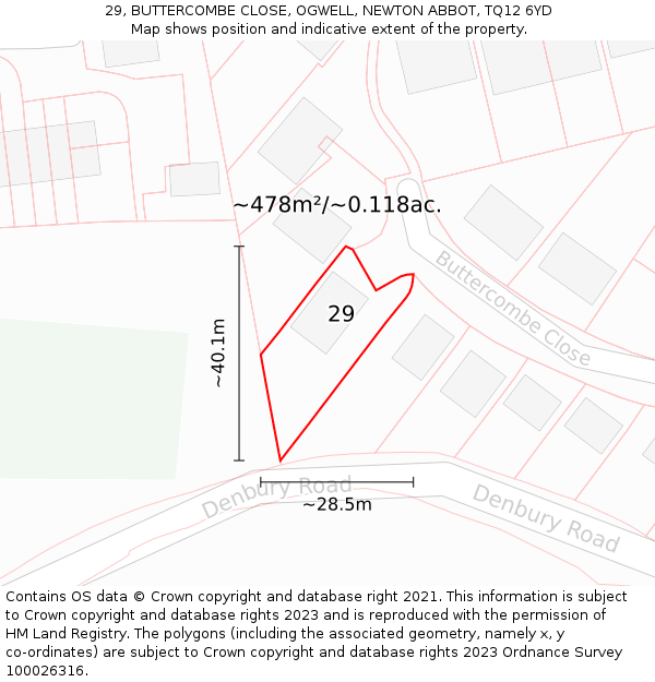 29, BUTTERCOMBE CLOSE, OGWELL, NEWTON ABBOT, TQ12 6YD: Plot and title map