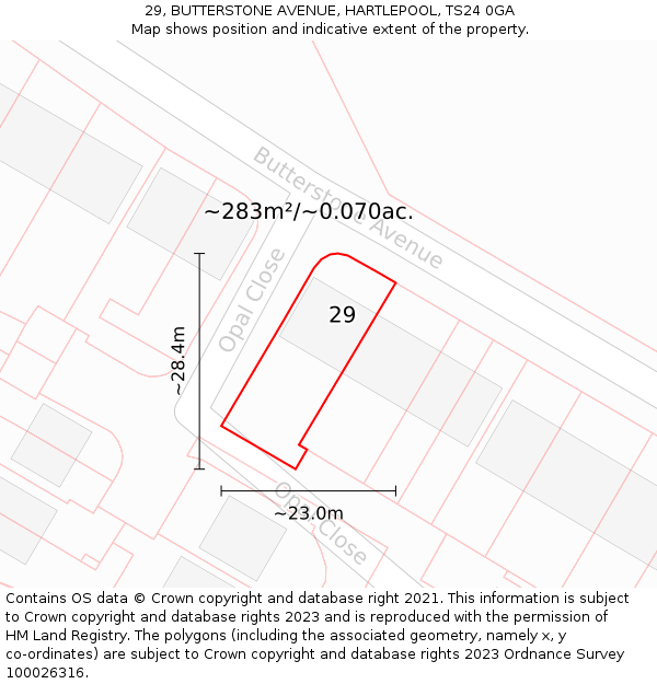 29, BUTTERSTONE AVENUE, HARTLEPOOL, TS24 0GA: Plot and title map