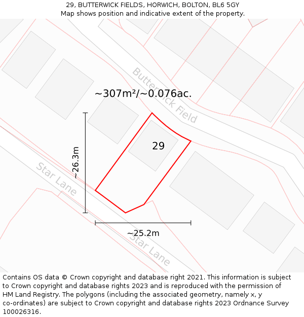 29, BUTTERWICK FIELDS, HORWICH, BOLTON, BL6 5GY: Plot and title map