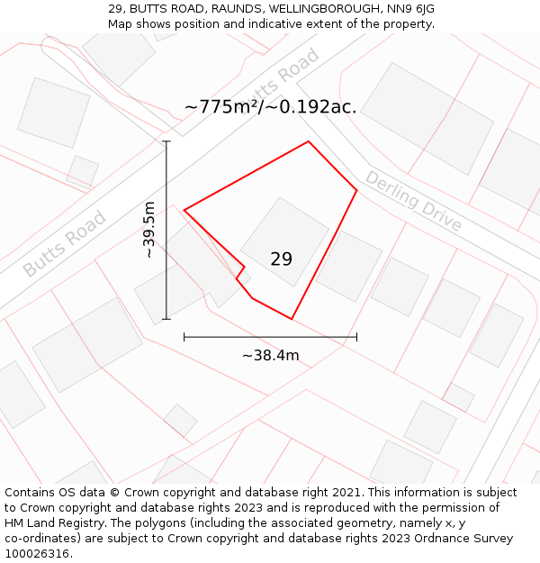 29, BUTTS ROAD, RAUNDS, WELLINGBOROUGH, NN9 6JG: Plot and title map