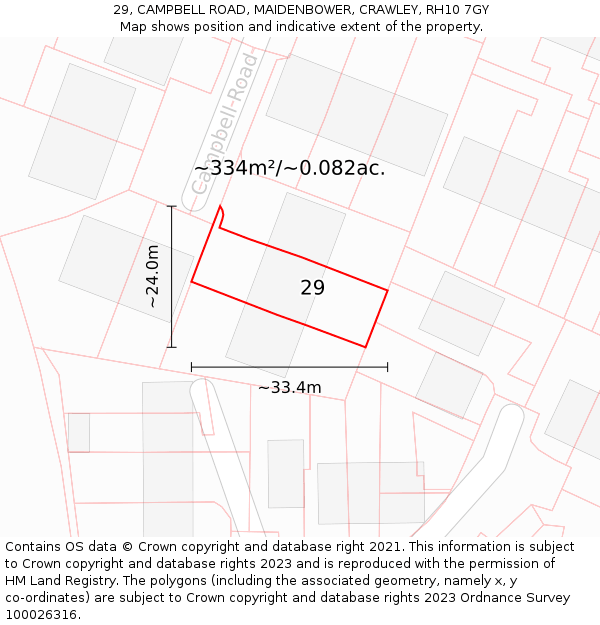 29, CAMPBELL ROAD, MAIDENBOWER, CRAWLEY, RH10 7GY: Plot and title map
