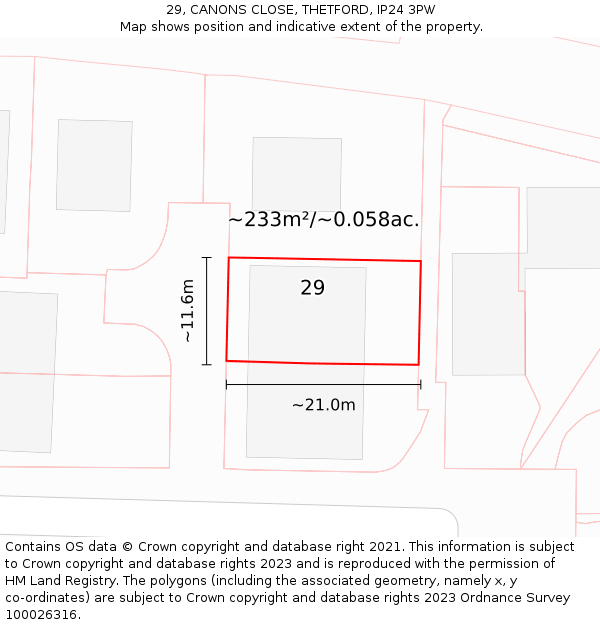 29, CANONS CLOSE, THETFORD, IP24 3PW: Plot and title map