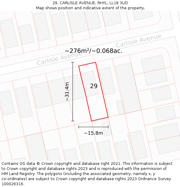 29, CARLISLE AVENUE, RHYL, LL18 3UD: Plot and title map