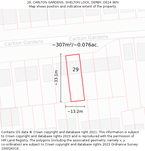 29, CARLTON GARDENS, SHELTON LOCK, DERBY, DE24 9EN: Plot and title map