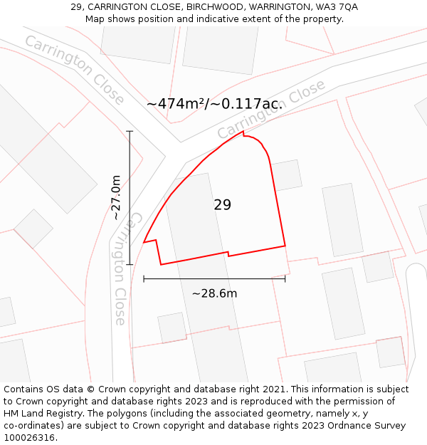 29, CARRINGTON CLOSE, BIRCHWOOD, WARRINGTON, WA3 7QA: Plot and title map